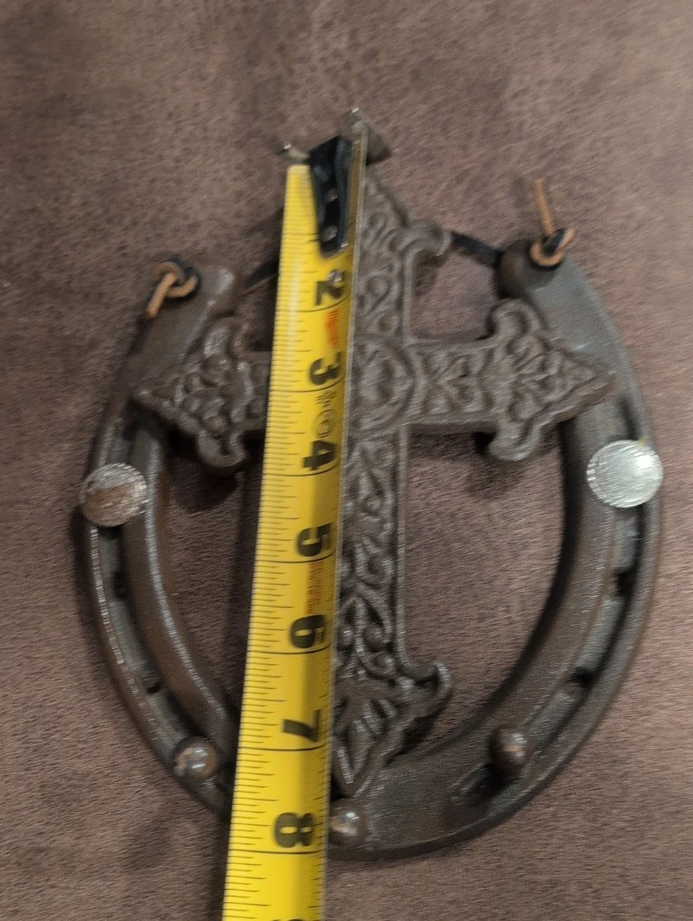 Decorative Brown Cast Iron Cross and Horseshoe Wall Accent